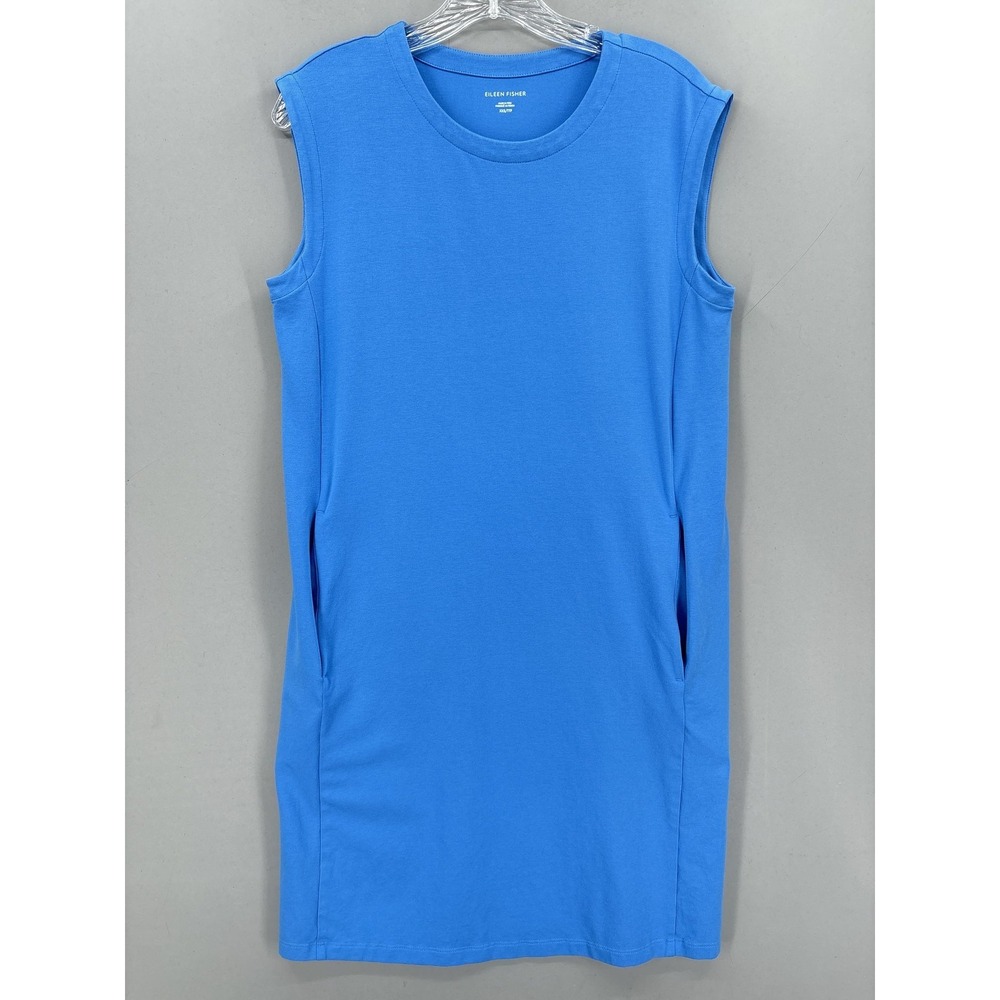 Eileen Fisher Dress XXS Blue Tank Sleeveless Cotton Jersey Short Shift Pockets